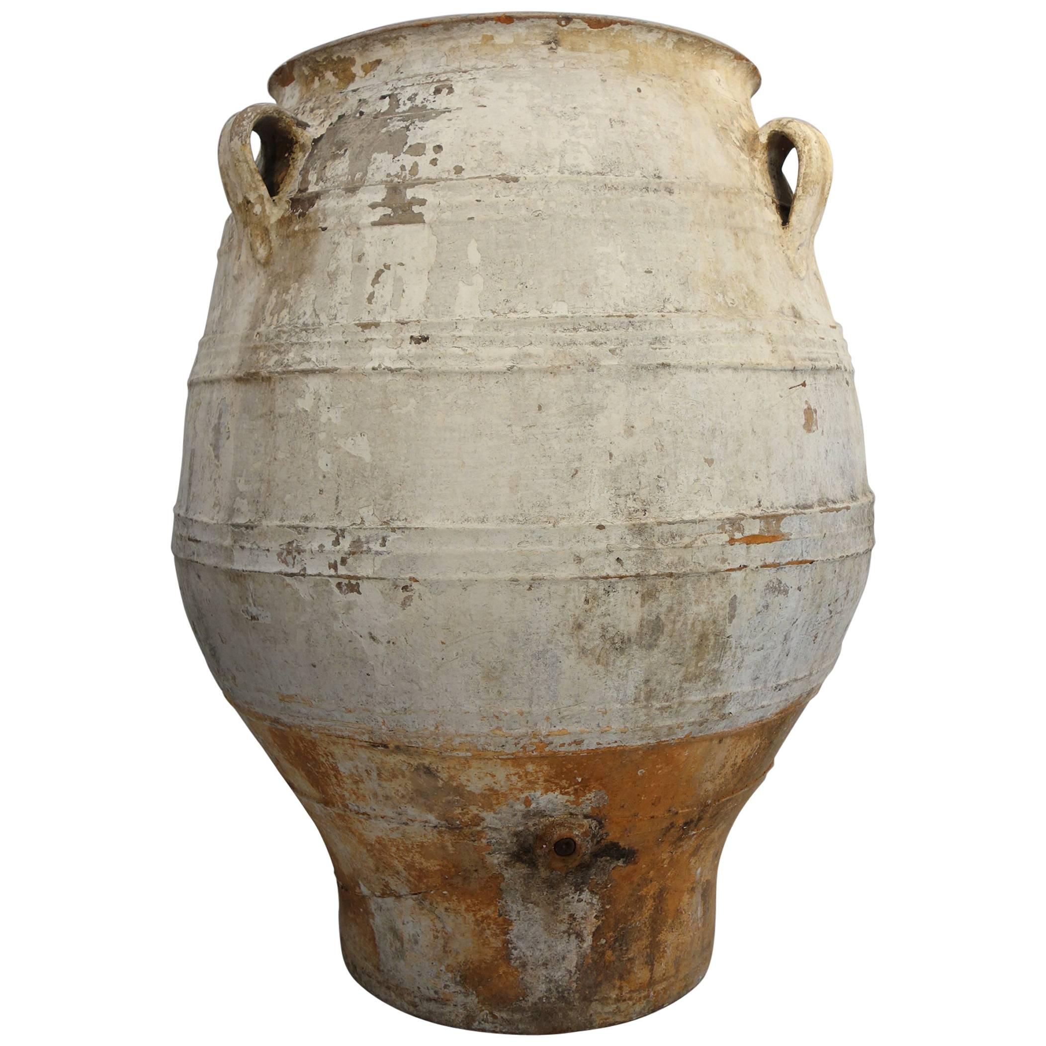 19th Century Big Mediterranean Terracotta Amphora Jar with White Patina