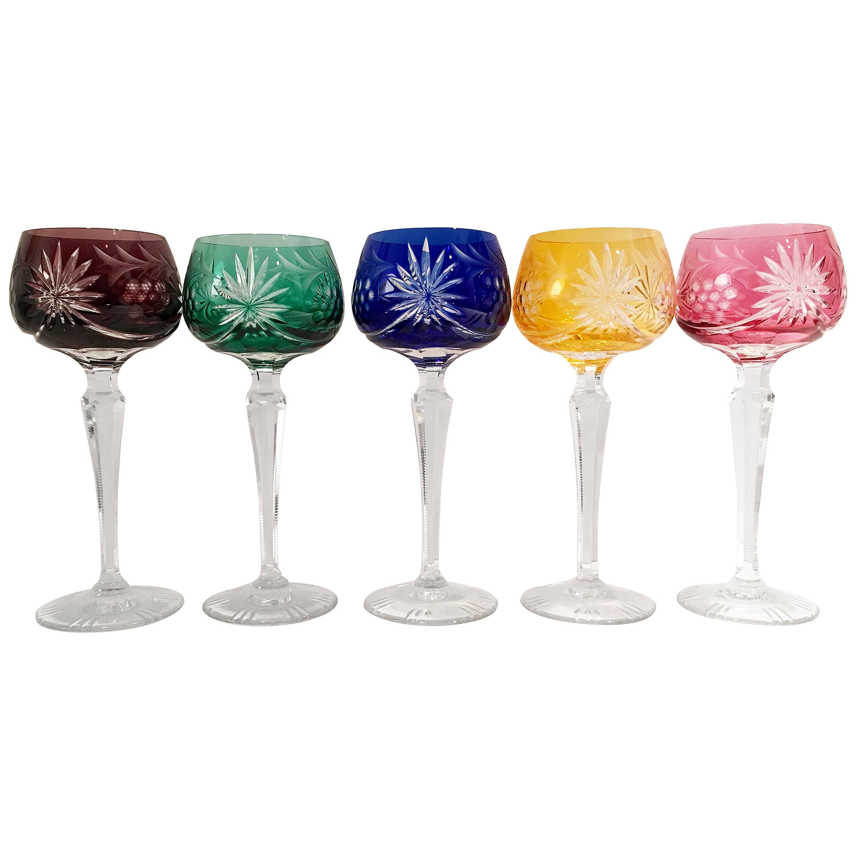 Vintage Set of Five Cut-to-Color Bohemia Hock Wine Goblets