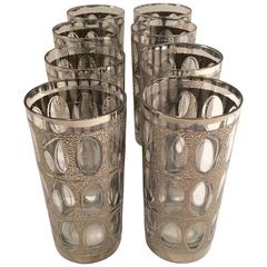 Set of Eight 1960s Silver Overlay Geometric Highball Glasses