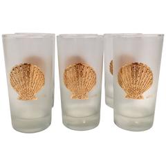 1970s Culver 22-Karat Gold Shell Frosted Glasses S/6