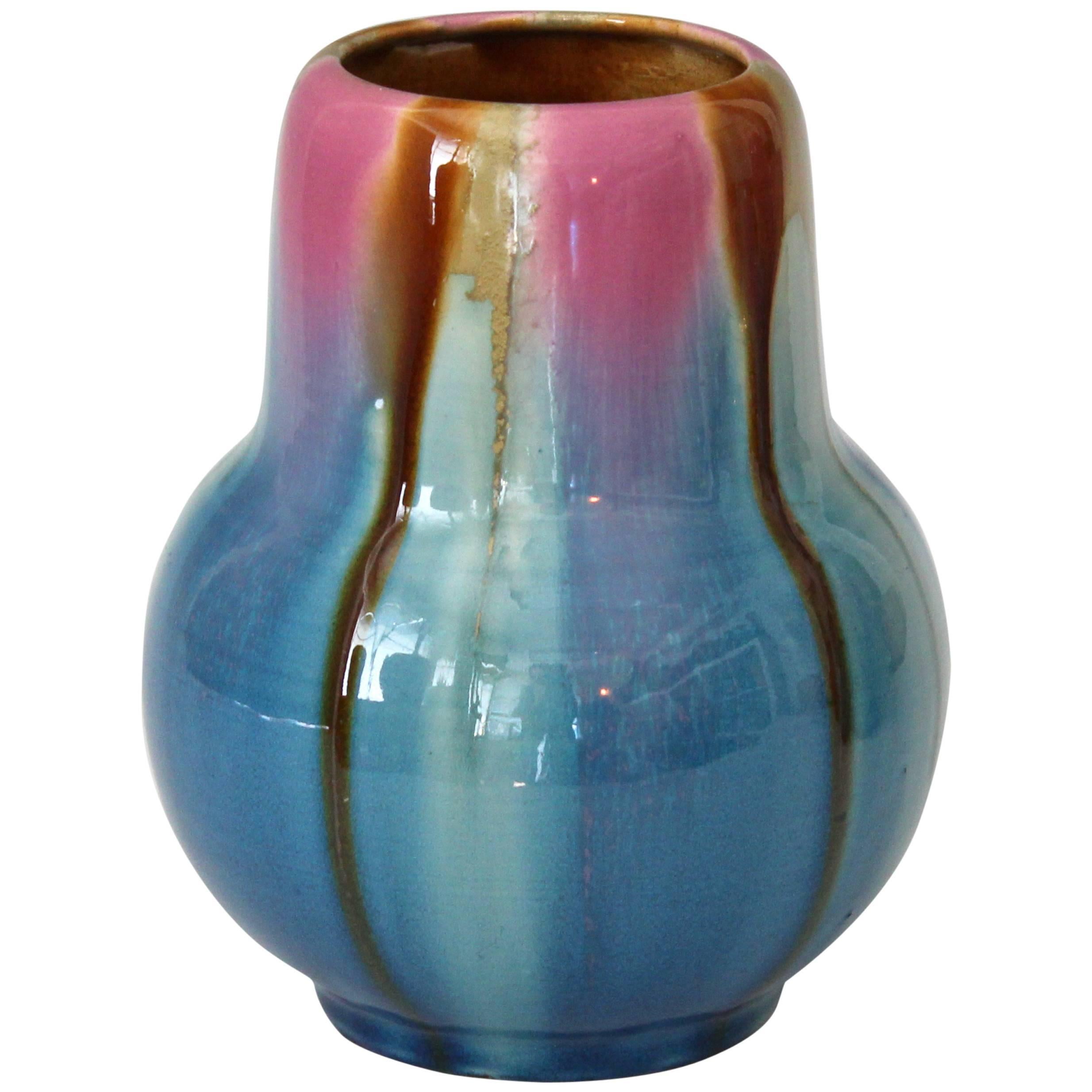 Awaji Pottery Art Deco Vase in Pink and Blue Flambe Glaze For Sale