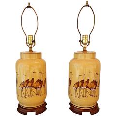 Vintage Robert Abbey Ceramic Lamps with Hand Painted Egrits