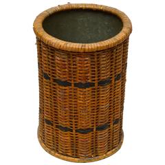 Antique French Tin Lined Rattan Trash Can, circa 1930