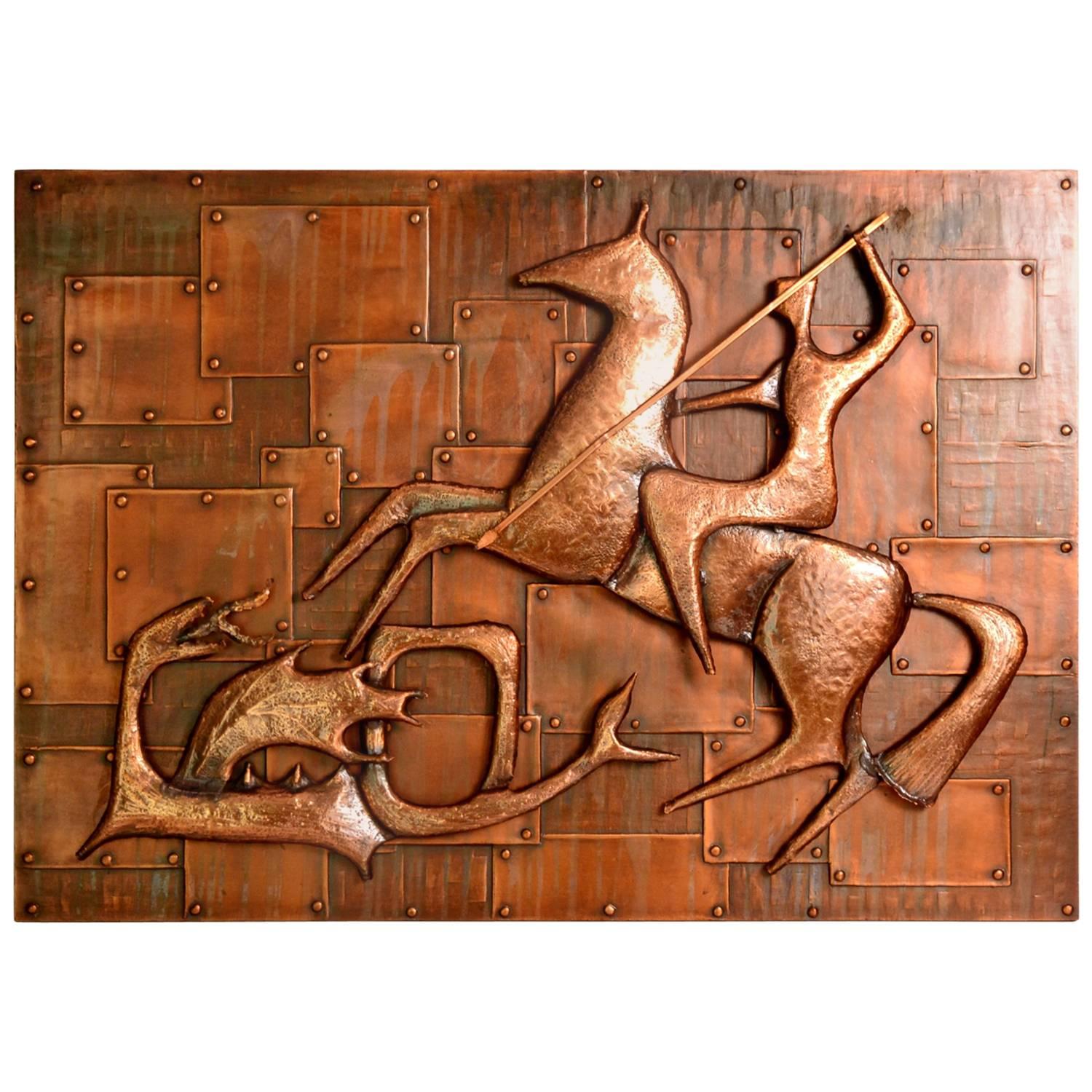Copper Relief Wall Decoration of 
Saint George and the Dragon, 
 Germany, 1960s