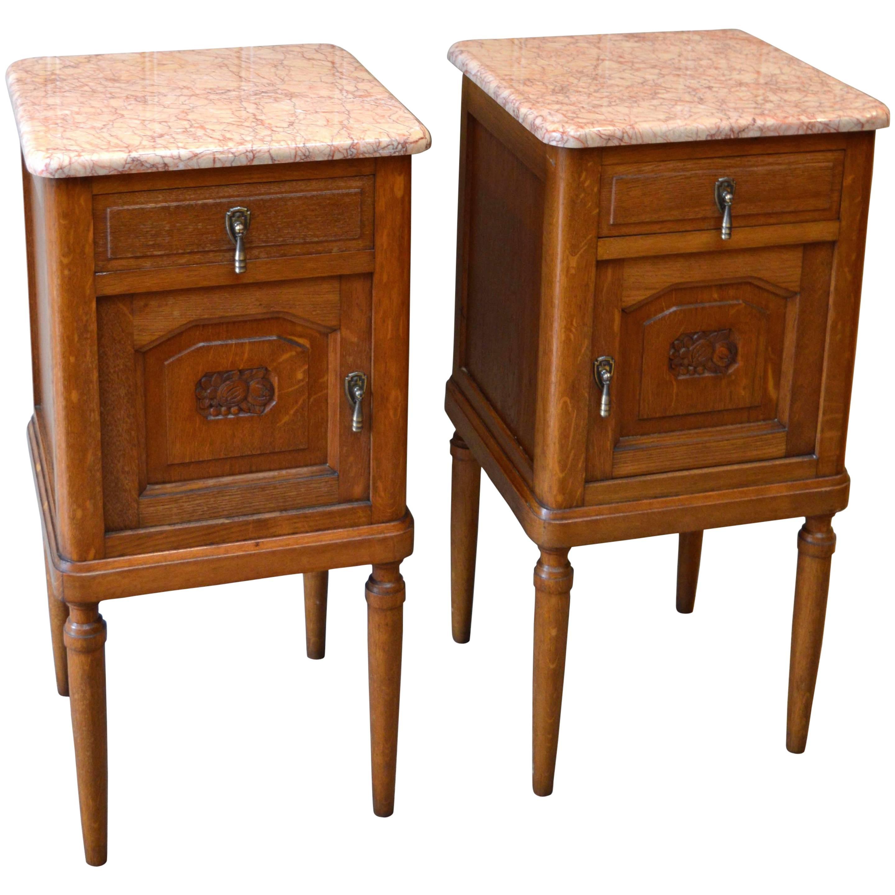Pair of Oak Marble-Top Bedside Cabinets