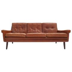 Danish Skipper Møbler Brown Tan Leather Three-Seat Sofa, Midcentury, 1960s