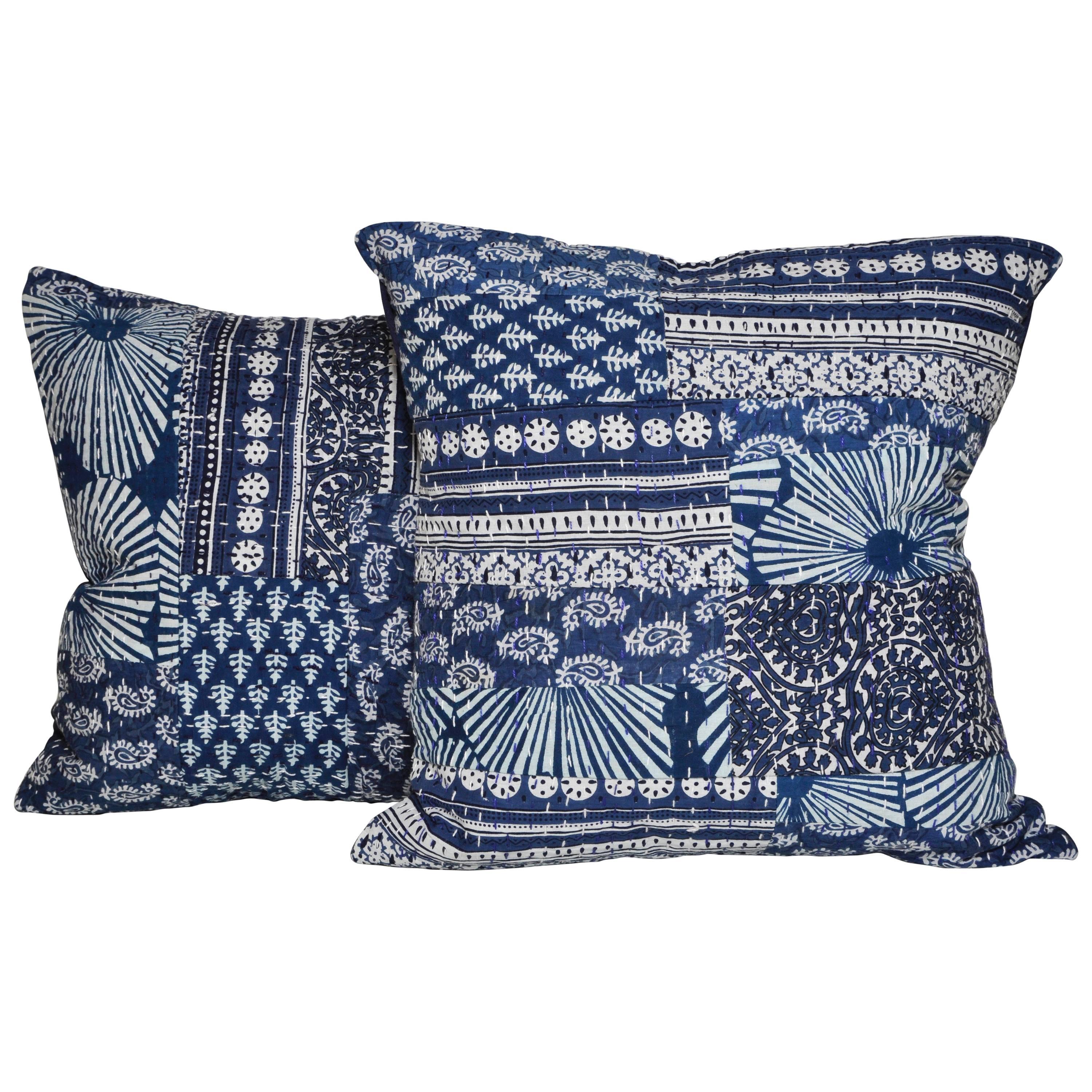 Beautiful set of ethnic pillows (cushions). Vintage Indian indigo cotton hand dyed with a traditional and time consuming wood block print pattern backed in 100% pure Irish linen. An exquisite patchwork of complimenting patterns including stylized