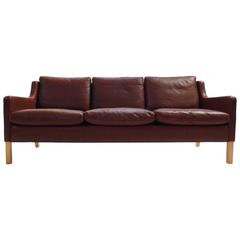 Danish Stouby Brown Leather Three-Seat Sofa, Midcentury, 1960s