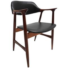 Scandinavian Teak and Black Vinyl Desk Armchair Midcentury Chair, 1960s