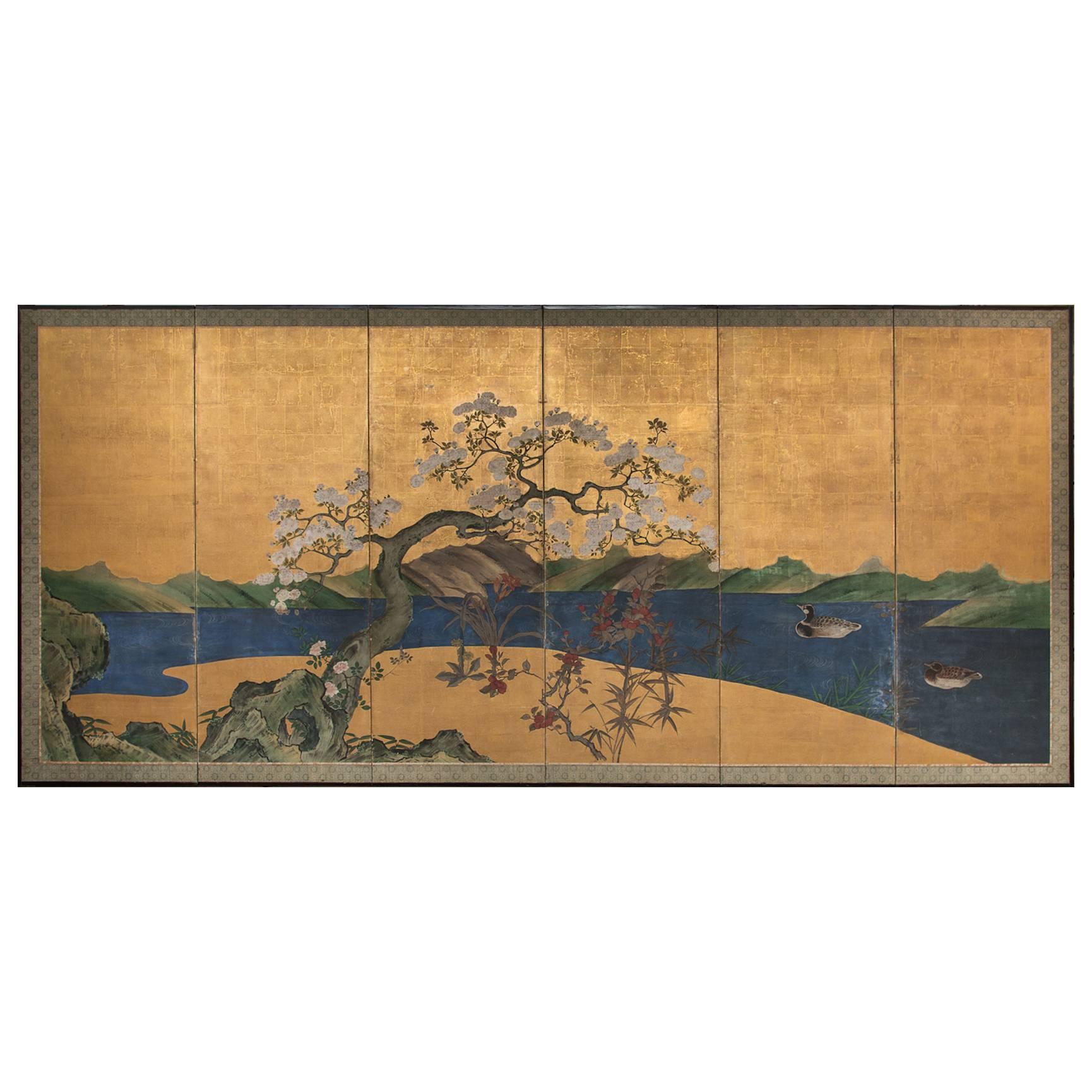 Japanese Six Panel Screen:  Flowering Cherry Tree with Raised Blossoms