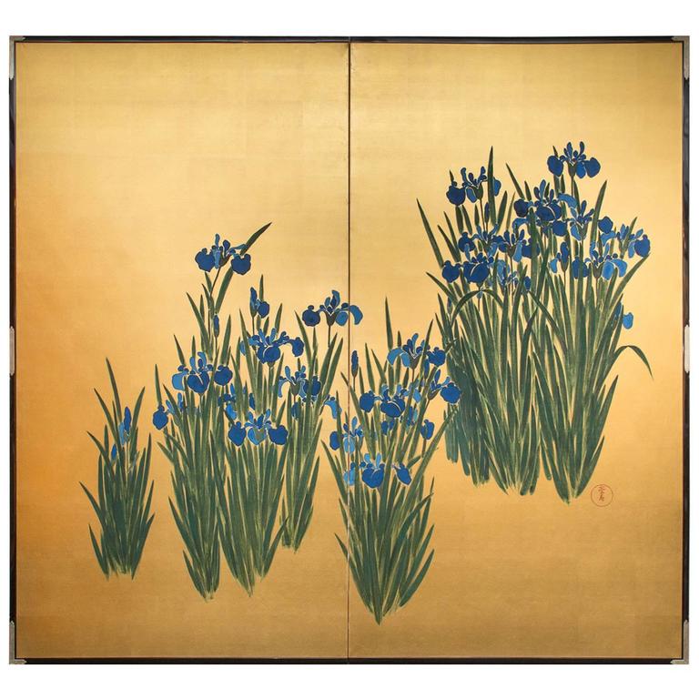 Japanese Screen, Irises on Gold For Sale at 1stdibs