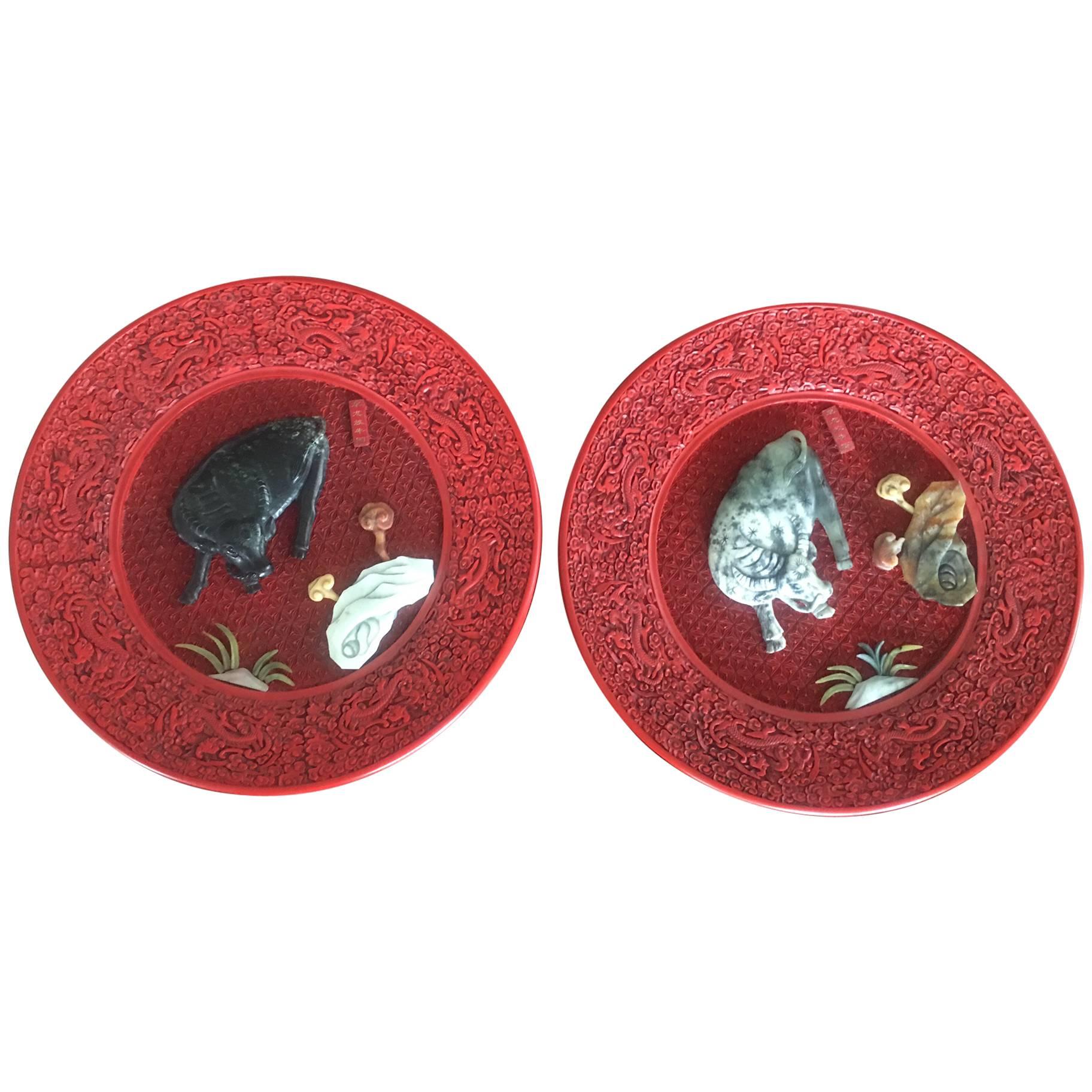 Pair of Cinnabar Lacquered Plates with Hardstone Mounts