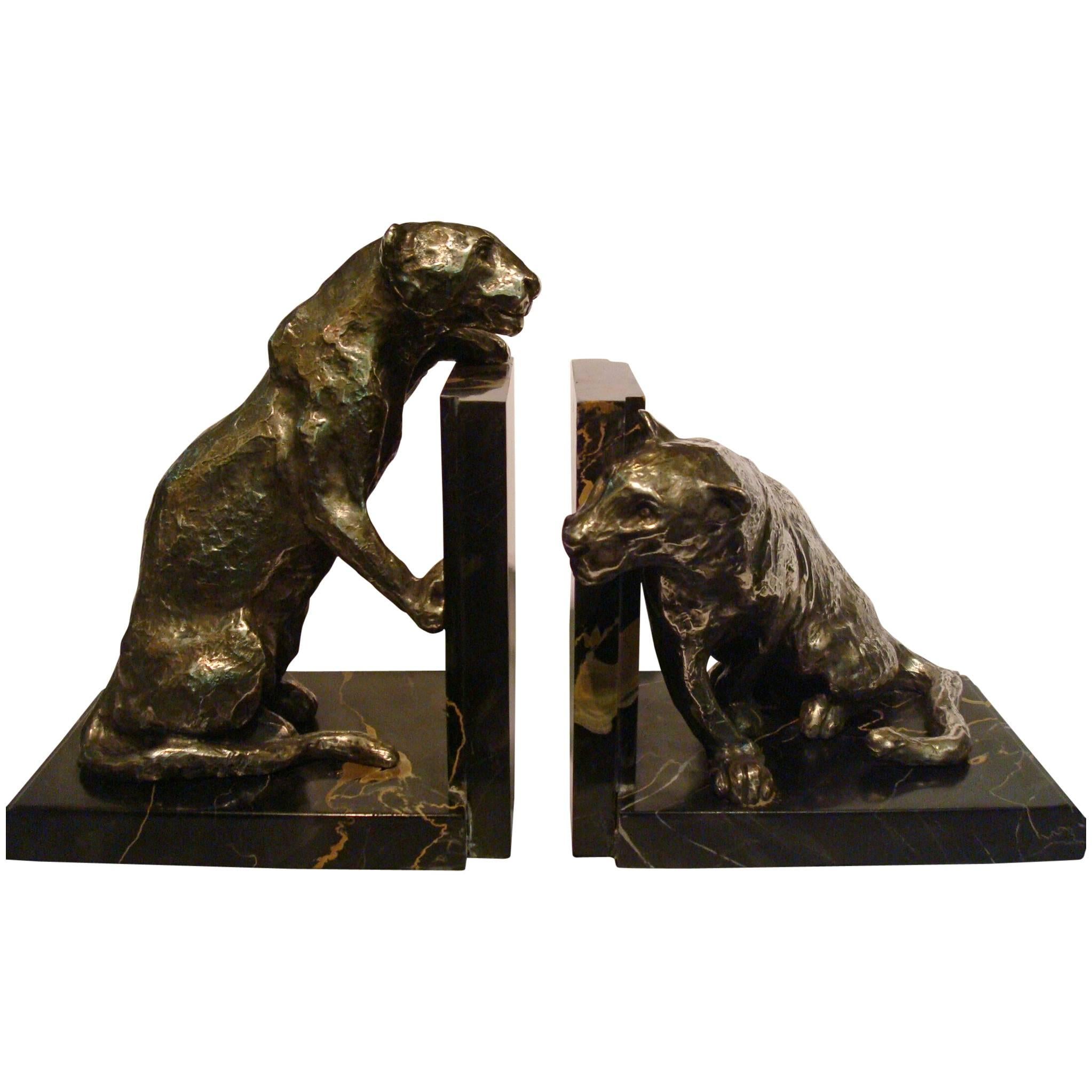 Art Deco Silver Plated Bronze Panthers Bookends by Roger Godchaux