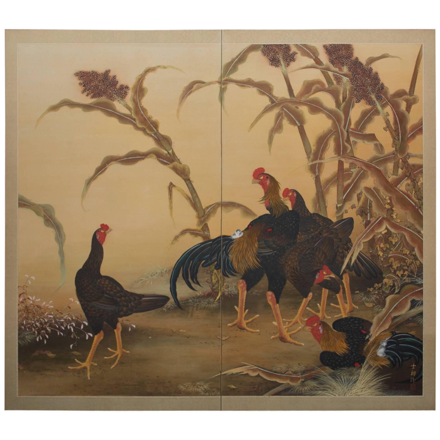 Japanese Two Panel Screen: Chickens in a Millet Grove