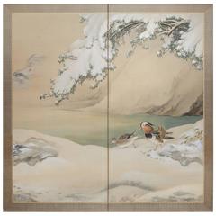 Japanese Two Panel Screen: Mandarin Ducks in Snowy Landscape