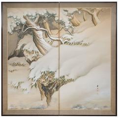 Japanese Two Panel Screen: Variegated Bamboo and Pine by Water's Edge