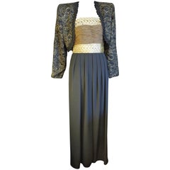 Liancarlo Gold and Black Chiffon Strapless Jumpsuit and Matching Jacket