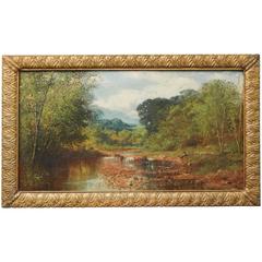 "Paesaggio con ruscello", dipinto a olio pastorale dell'epoca del centenario di Wilson, 1876