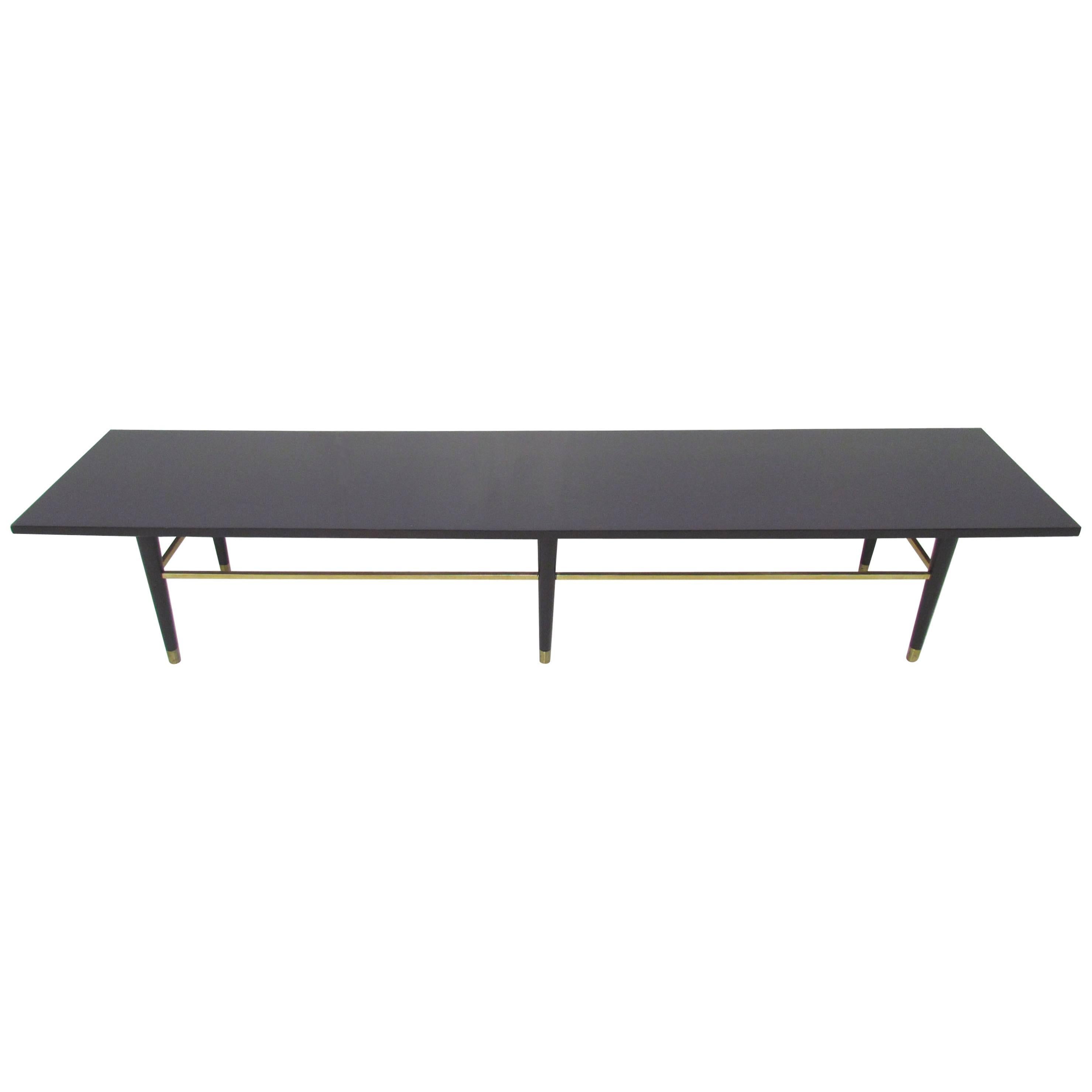 Mid-Century Coffee Table with Brass Stretchers in Manner of Paul McCobb