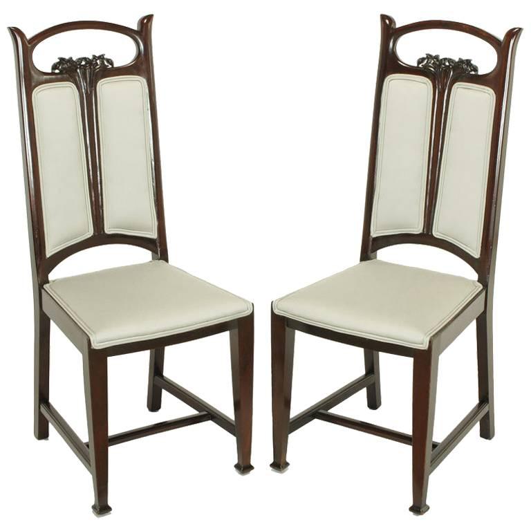 Pair of Art Nouveau Mahogany Side Chairs with Dove Grey Wool Upholstery For Sale