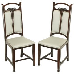 Paire de chaises d'appoint Art Nouveau en acajou avec tapisserie en laine gris tourterelle