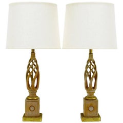 Retro Pair of Frederick Cooper Carved and Limed Barley Twist Table Lamps