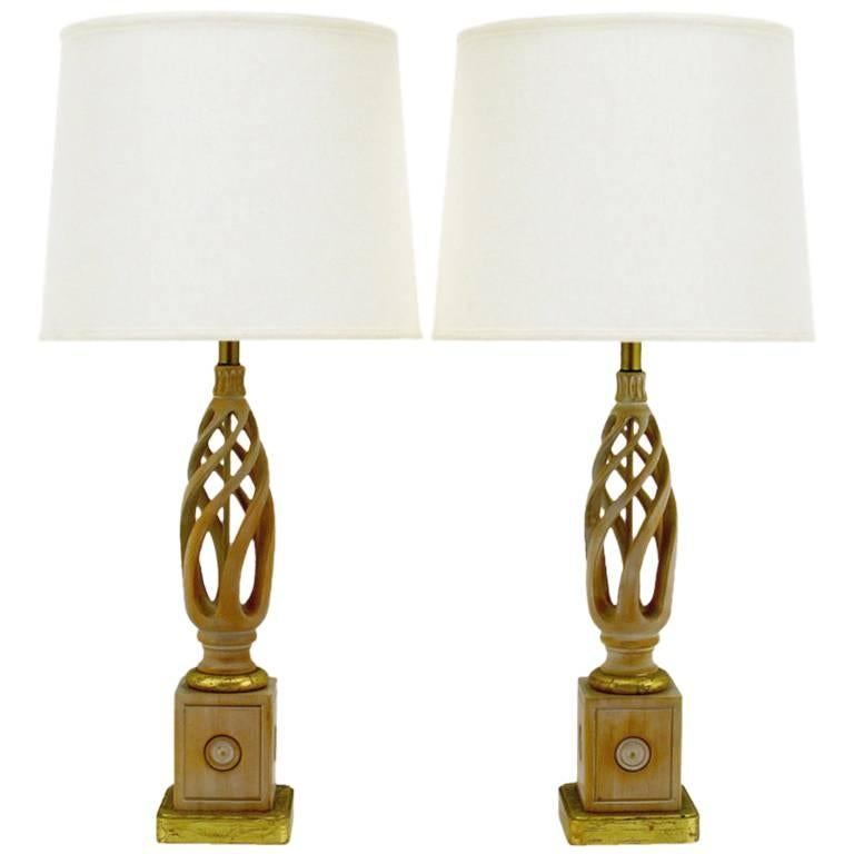 Pair of Frederick Cooper Carved and Limed Barley Twist Table Lamps For Sale