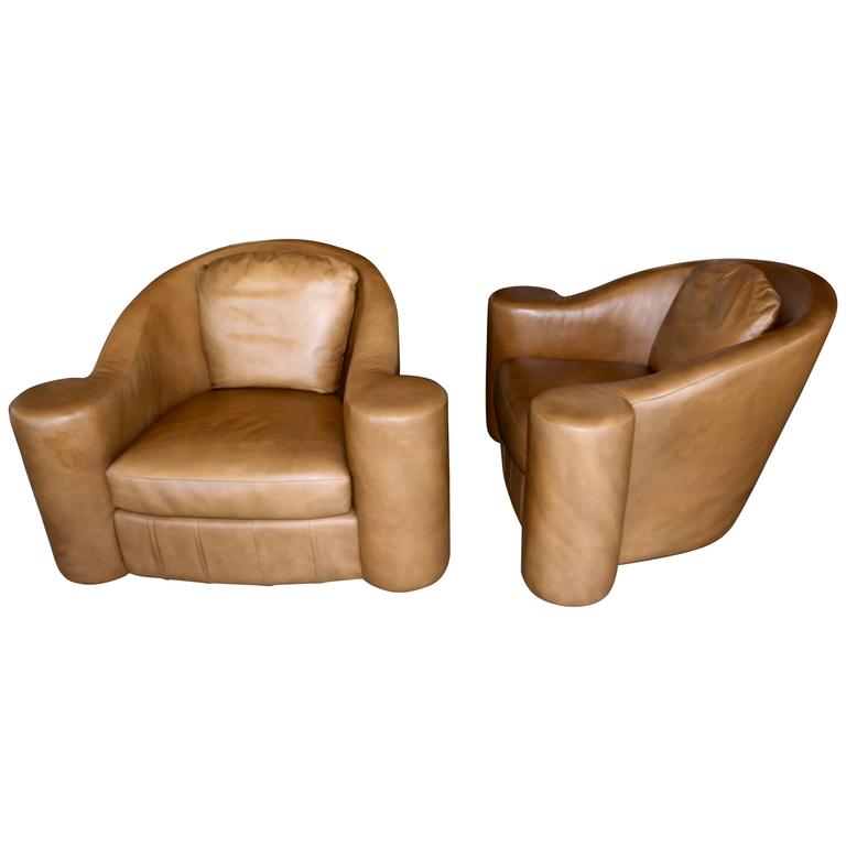 Oversized Swivel Club Chairs Designed by Steve Chase in Leather from