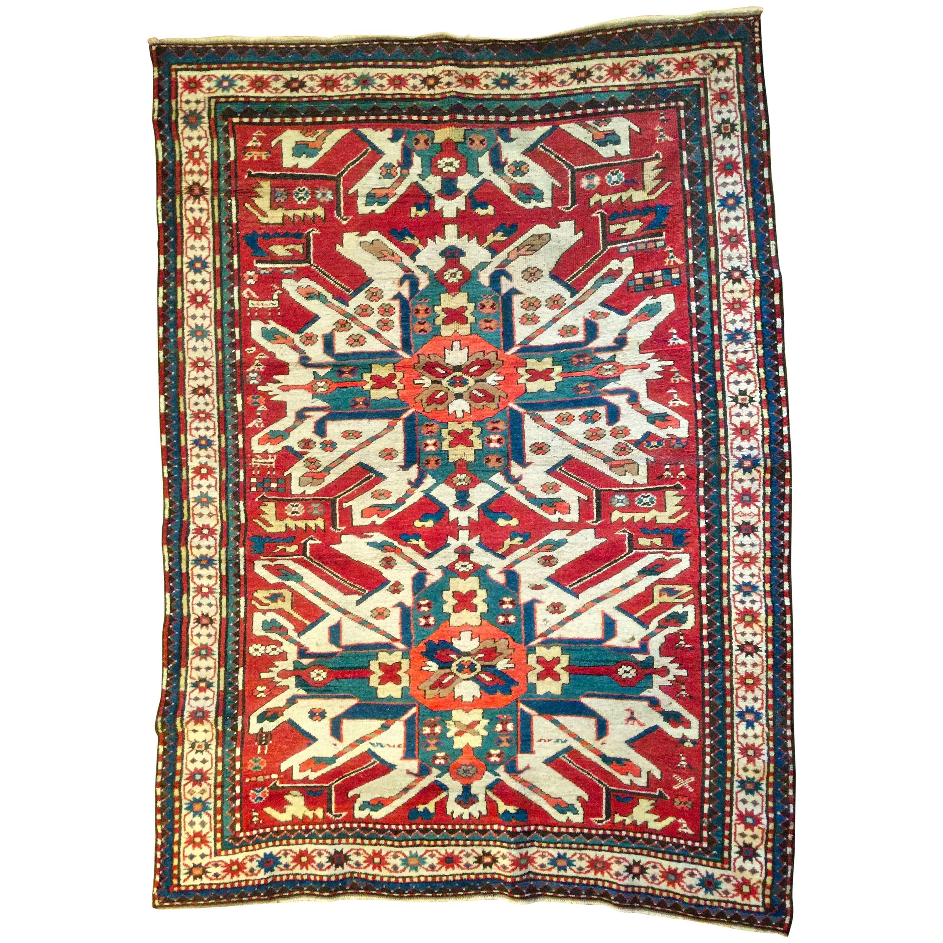 Late 19th Century Eagle Kazak Chelaberd Wool Rug Carpet For Sale