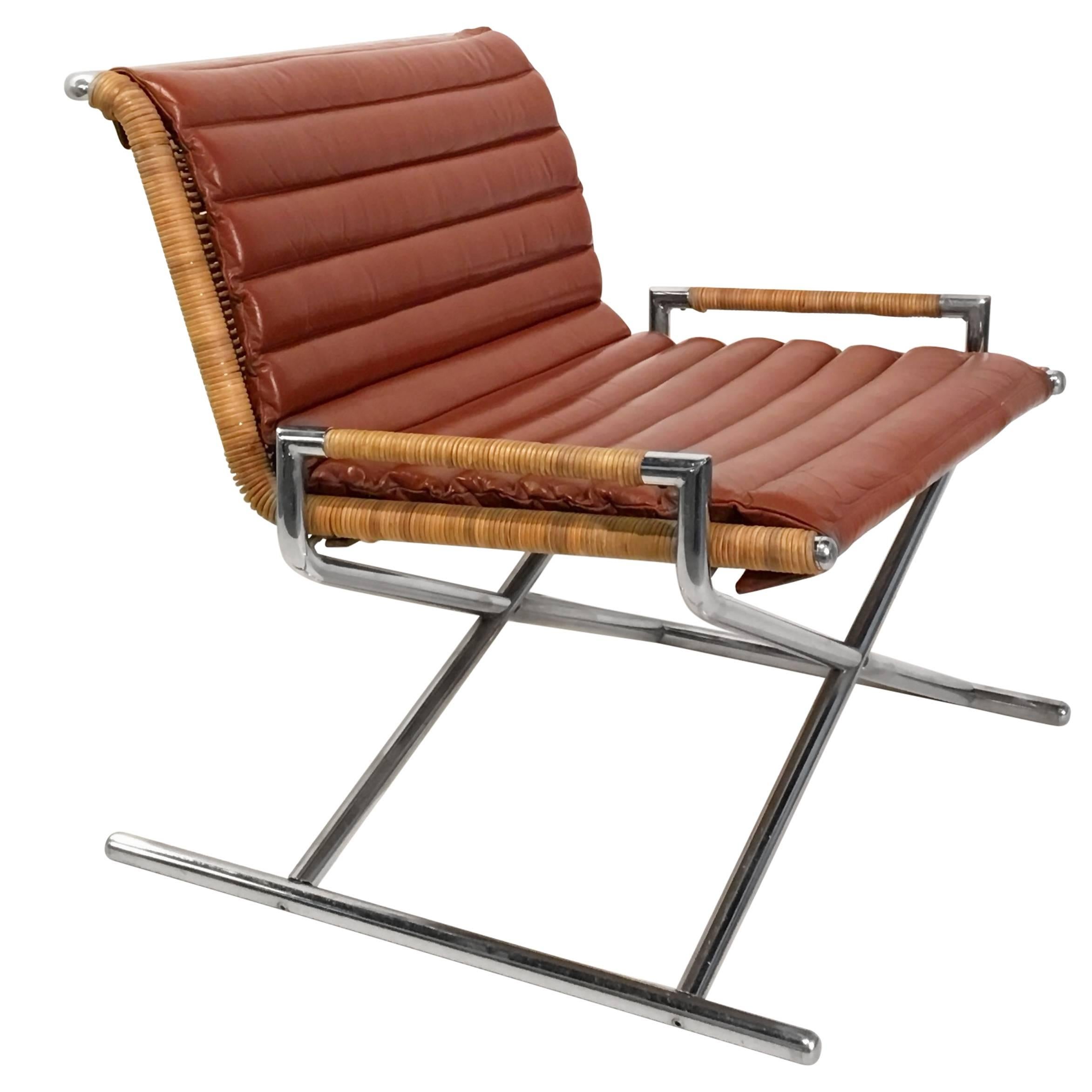 Wicker and Chrome Sled Lounge Chair by Ward Bennett