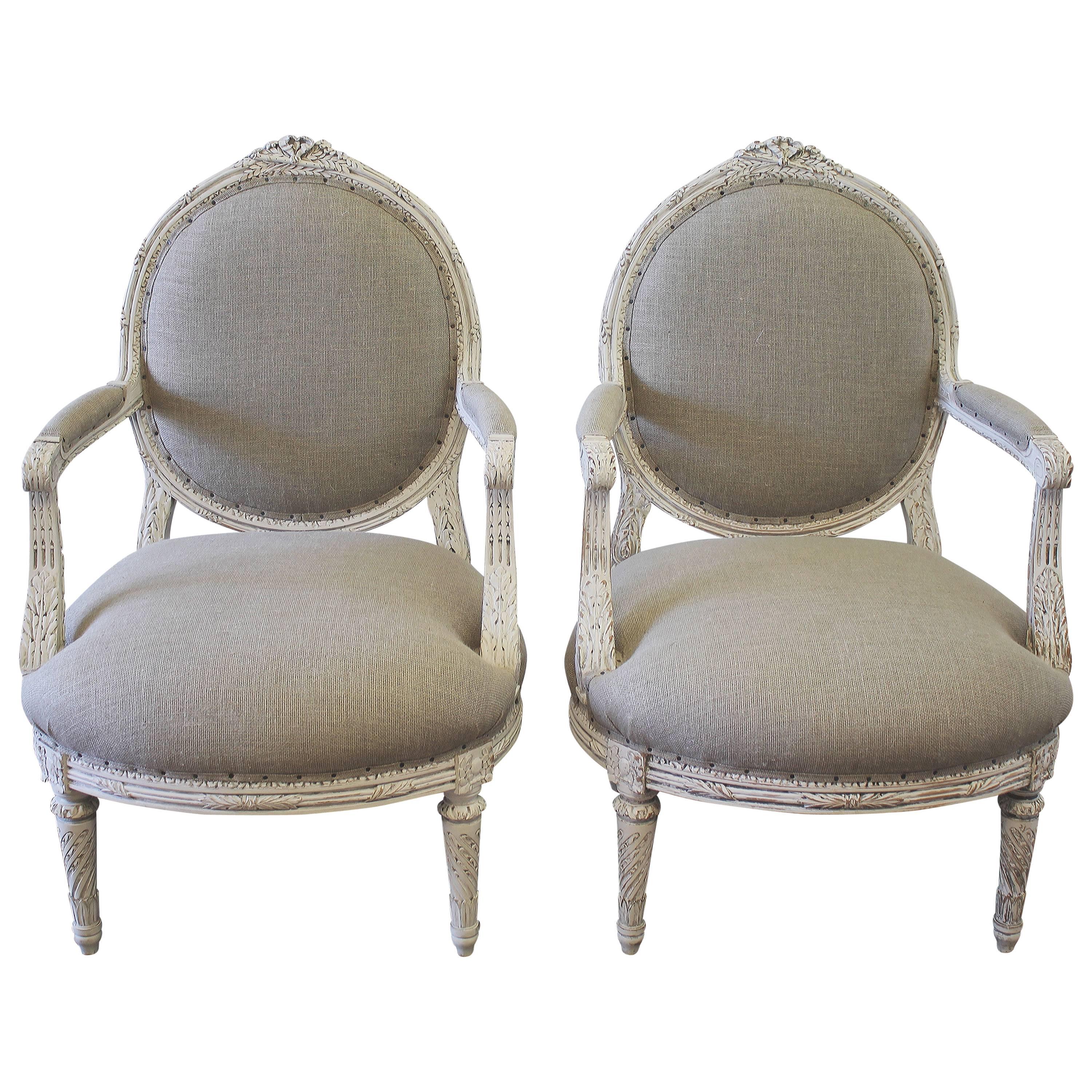 Louis XVI Style French Painted Armchairs in Nubby Linen