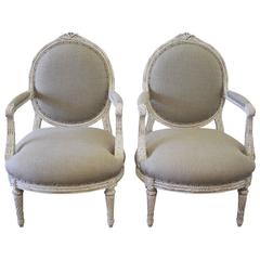 Louis XVI Style French Painted Armchairs in Nubby Linen 3