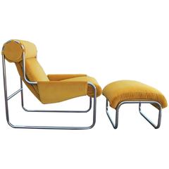 Modern Yellow Velvet and Chrome Italian Lounge Chair and Ottoman 