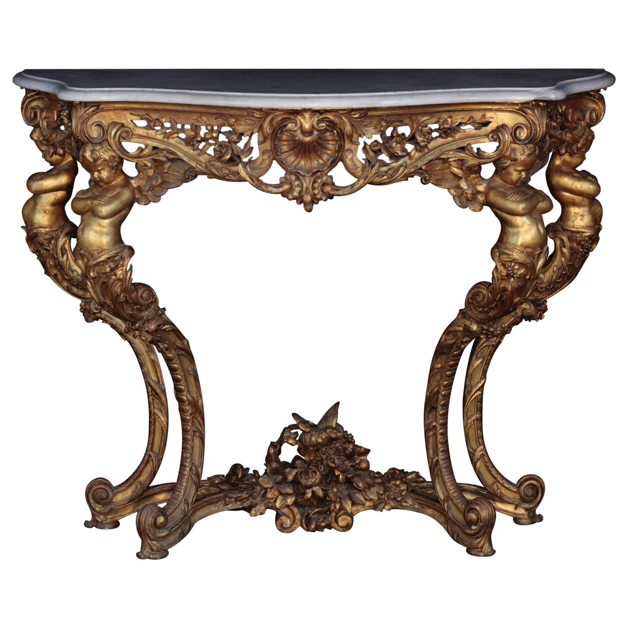 Elegant Wall Console Table with Putti, 19th Century For Sale
