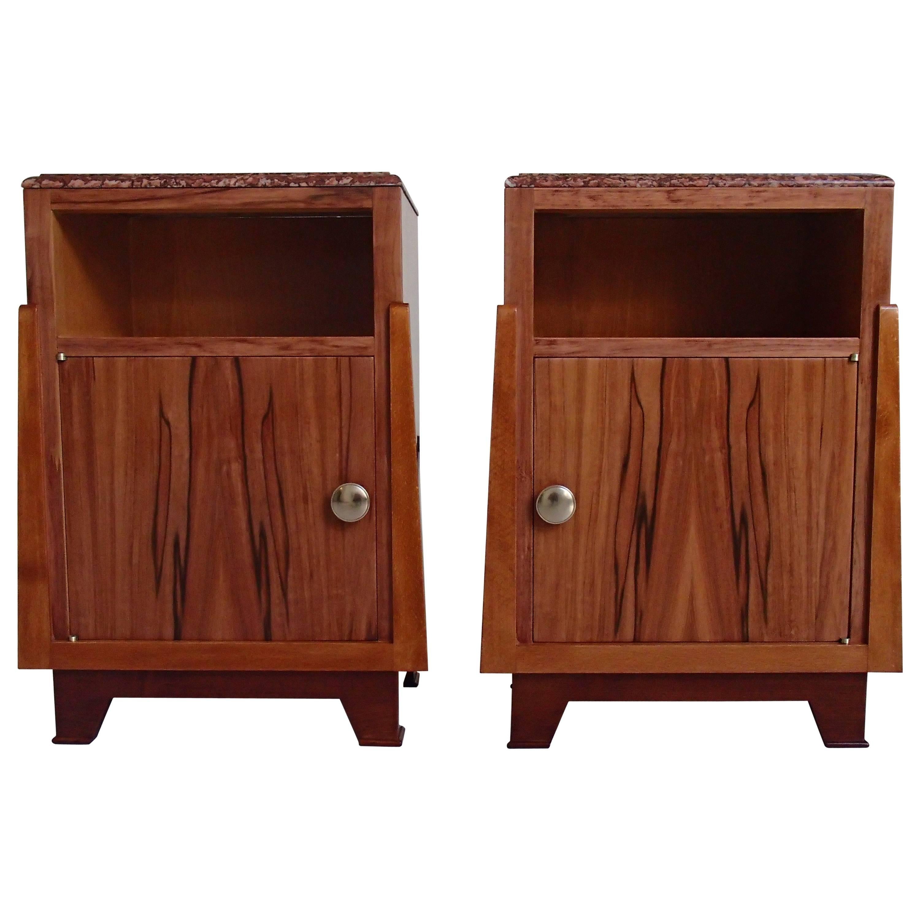 1930 Cubist Pair Nightstands Side Table Apple Wood Red Marble Top For Sale