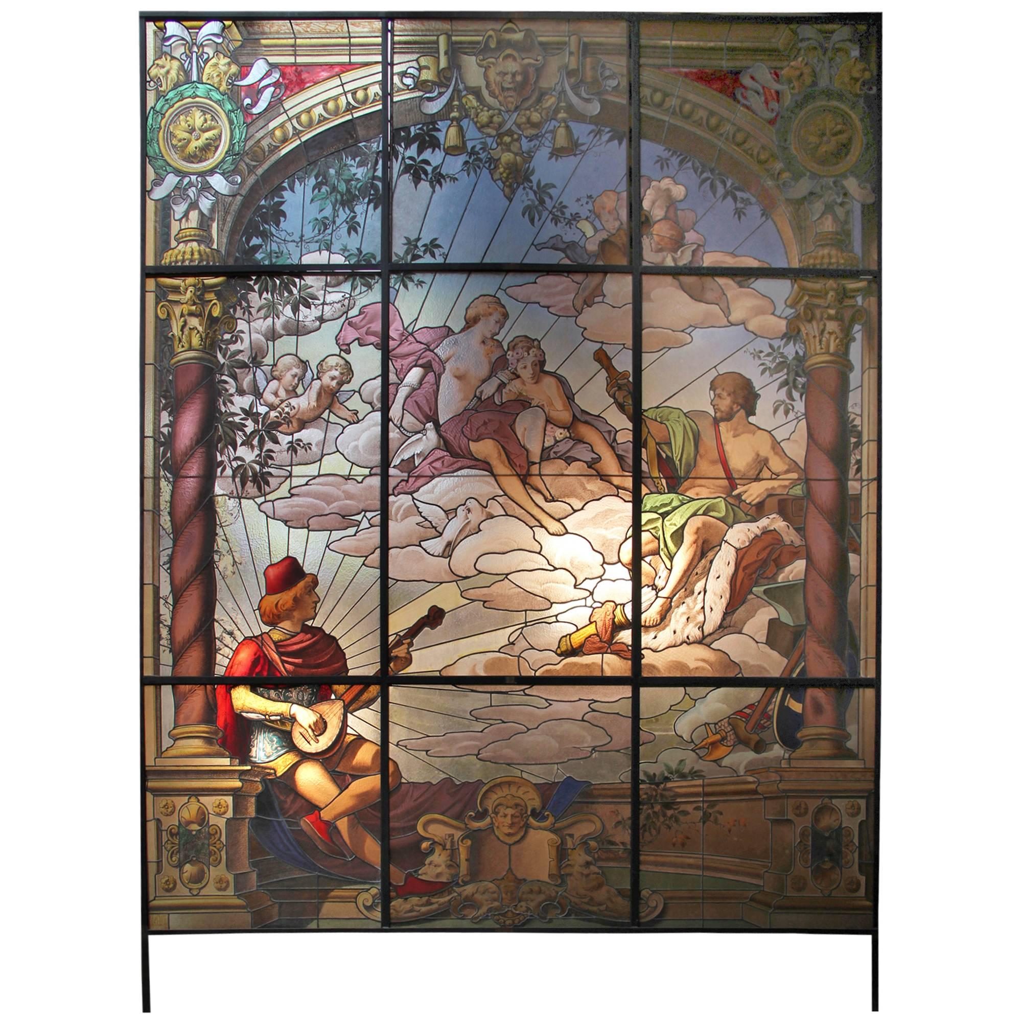 Monumental Troubadour Neo-Rococo Stained Glass Window, 19th Century For Sale