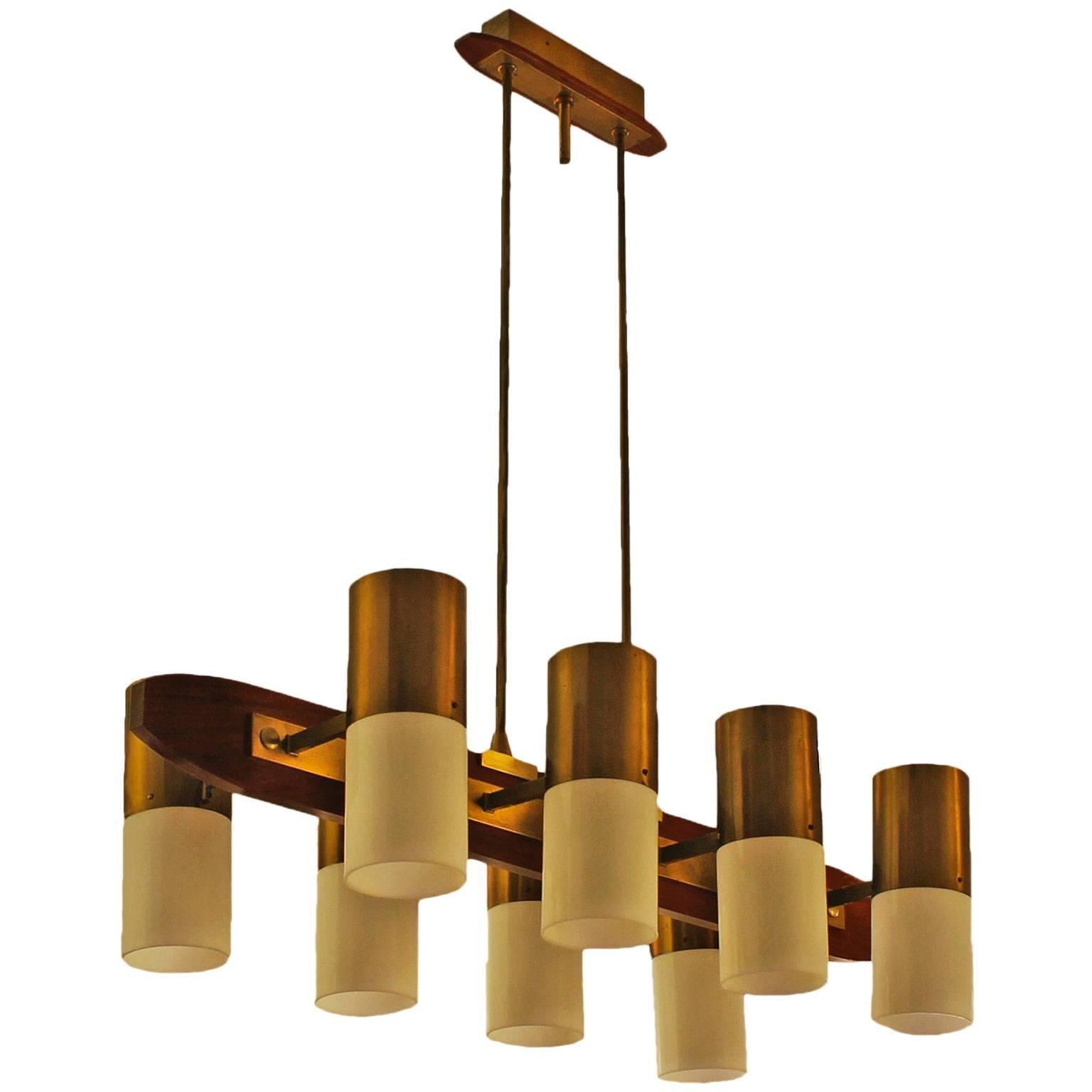 1960´s Chandelier 8 lights, solid teak, brass and plexiglass - Italy