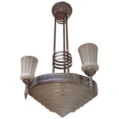 Used 1930 Chandelier by G. Leleu Chromed Brass Stained Glass