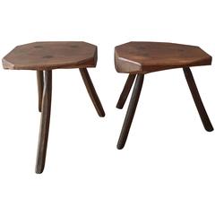 Pair of Primitive Tripod Oak Stools