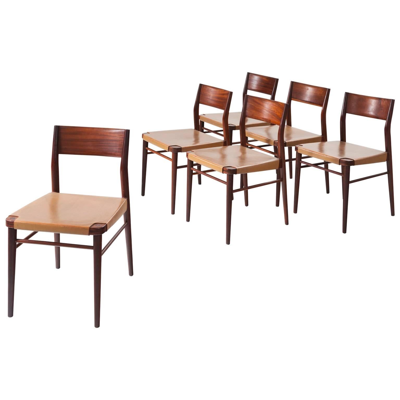 Set of Six Italian Dining Chairs in Mahogany and Natural Leather