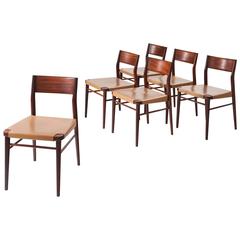 Set of Six Italian Dining Chairs in Mahogany and Natural Leather