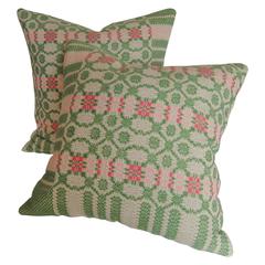 Custom Pair of Pillows Cut from an Early American Hand-Loomed Wool Coverlet, 