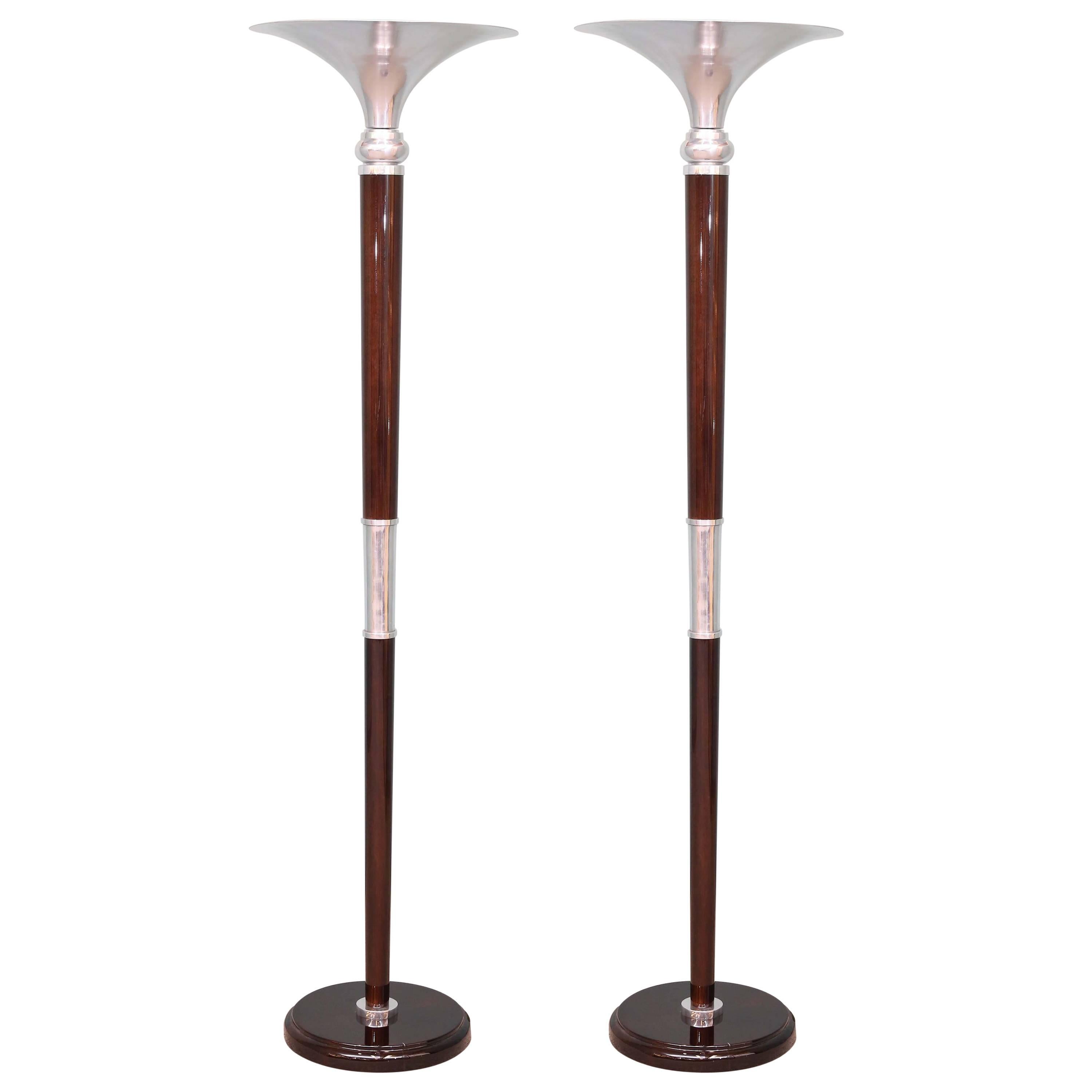 French Art Deco Rosewood and Chrome Floor Lamp