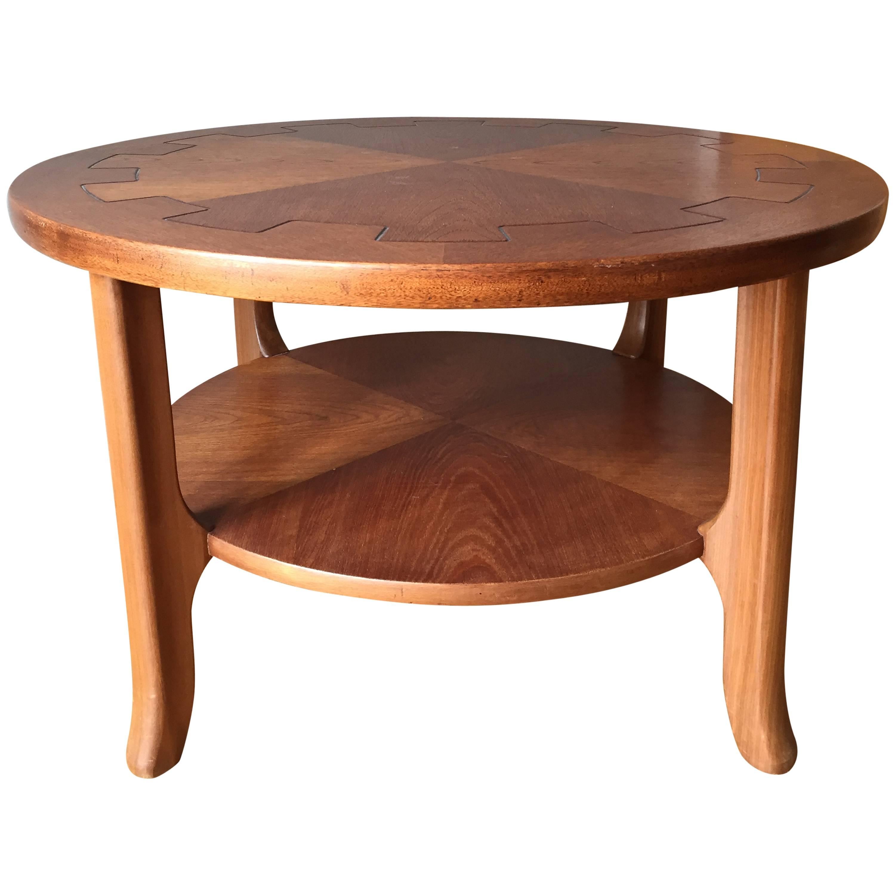 French 1940s Circular Oak and Walnut Two-Tiered Coffee Table