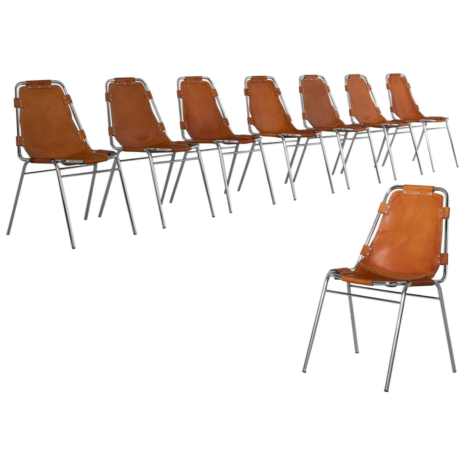Set of Eight 'Les Arcs' Chairs in Cognac Leather