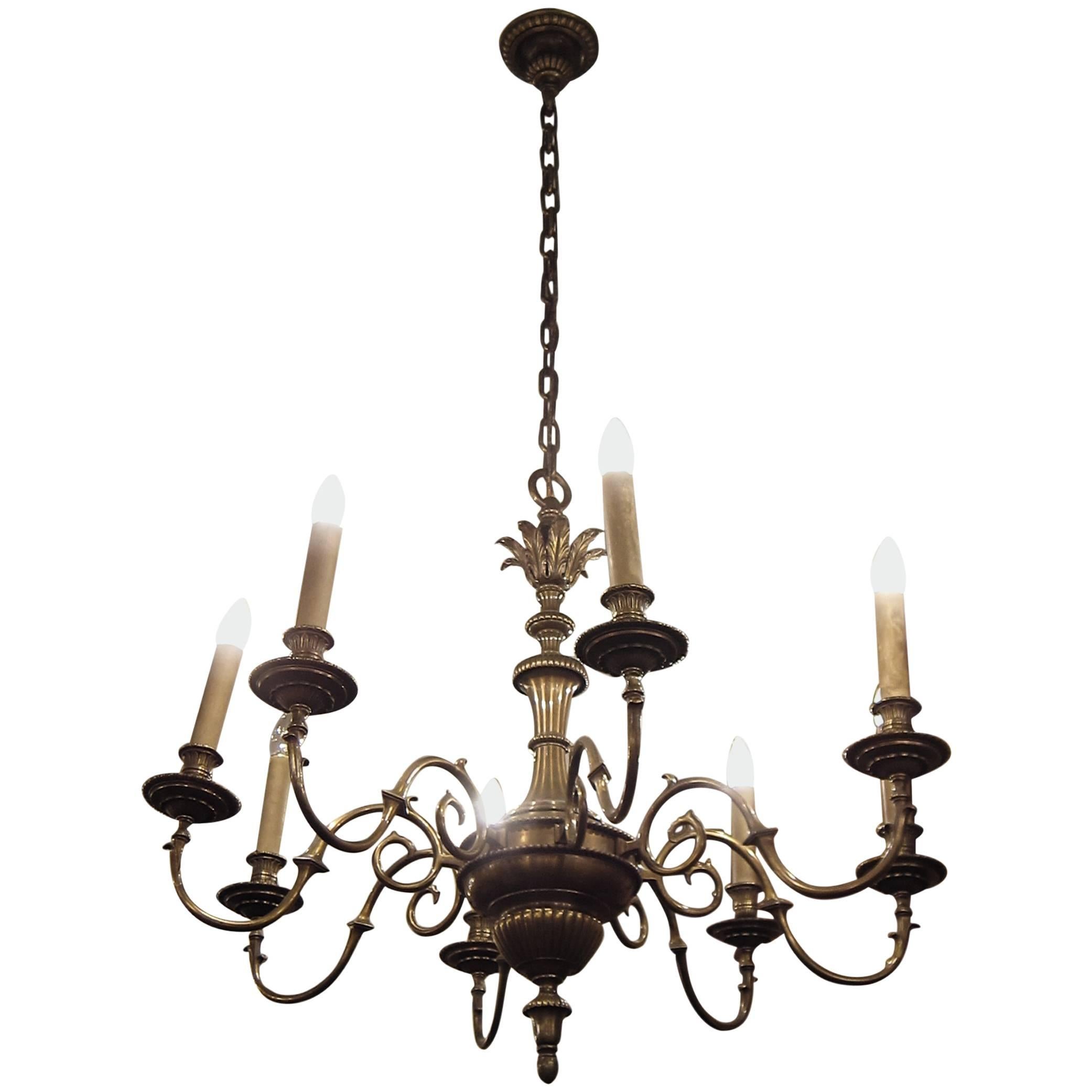 1930s Eight-Arm Bronze Chandelier with Leaf Accents