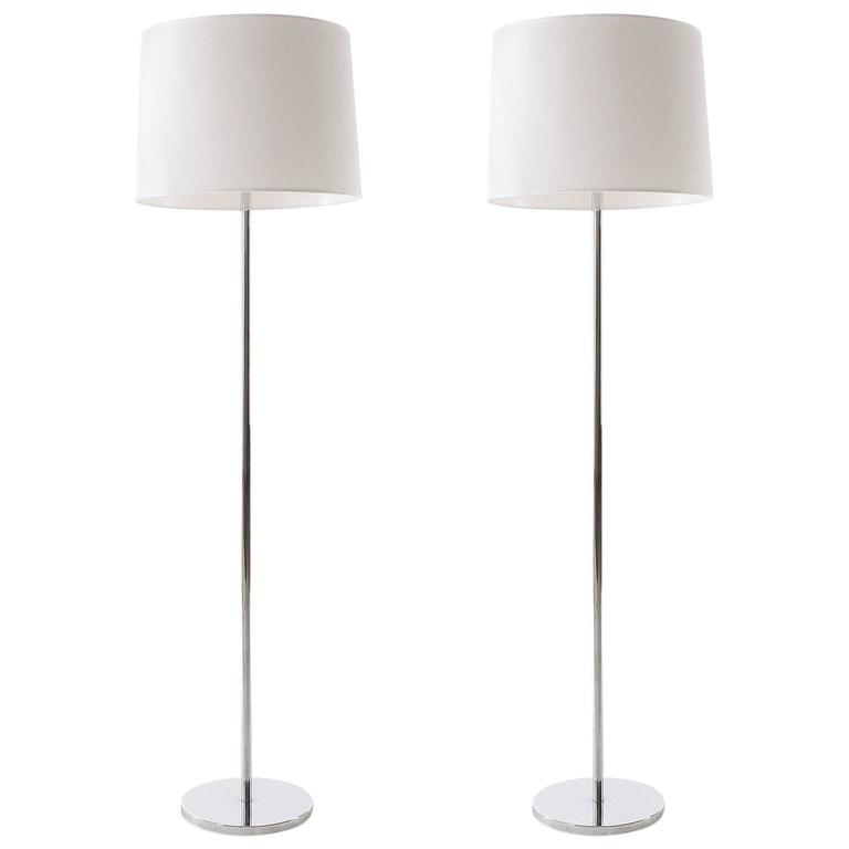 Pair Of Minimal Floor Lamps With Leather Stem And Long Shade Kalmar Pair Of Kalmar Floor Lamps Nickel Chrome 1960s