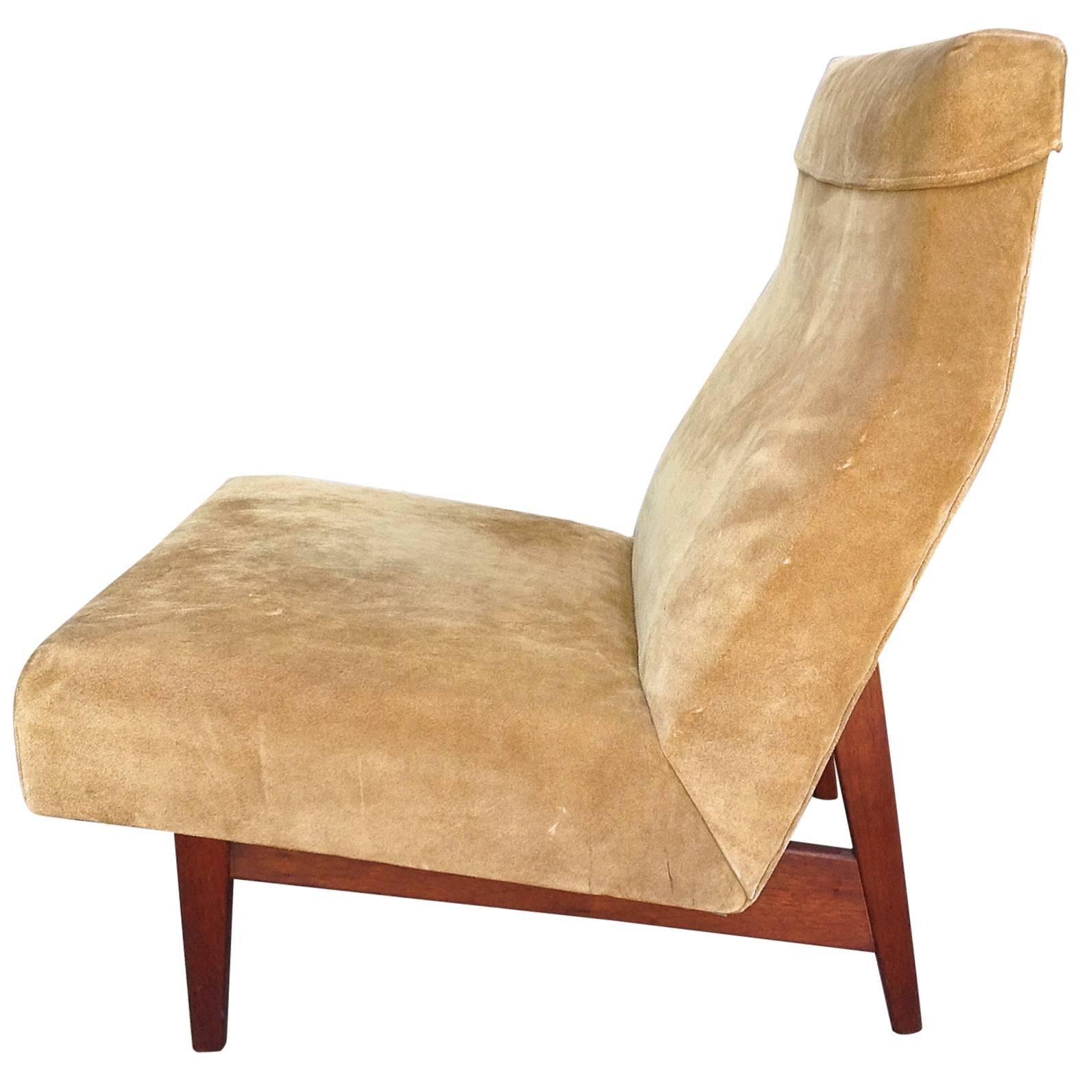 Jens Risom Slipper Chair in Suede and Walnut For Sale