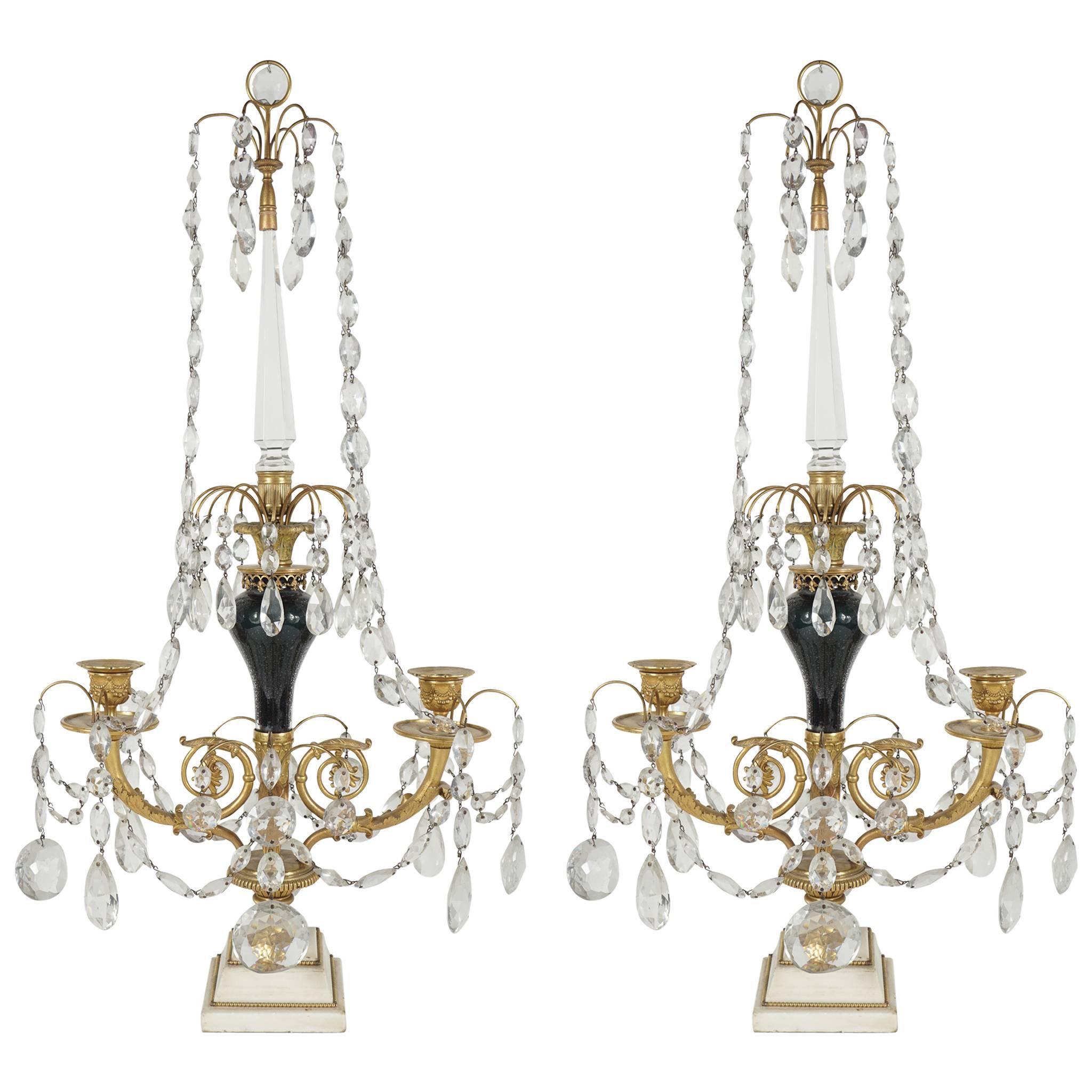 Pair of Russian Gilt Bronze, Blown Blue Glass and Cut Crystal Candelabra