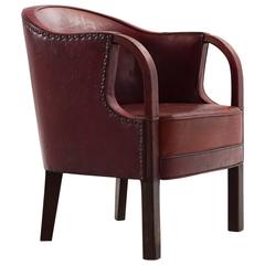 Vintage Early Fritz Hansen Patinated Red Leather Armchair